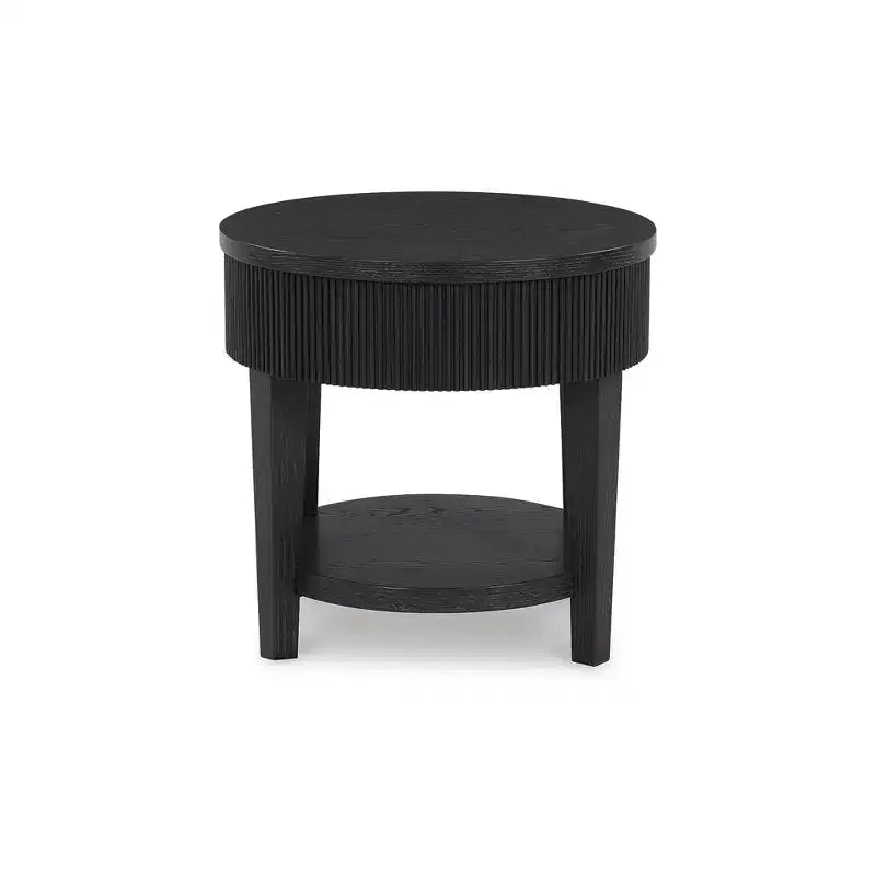 Round End Table with 1 Drawer & Reeded Apron - Dark Charcoal Black