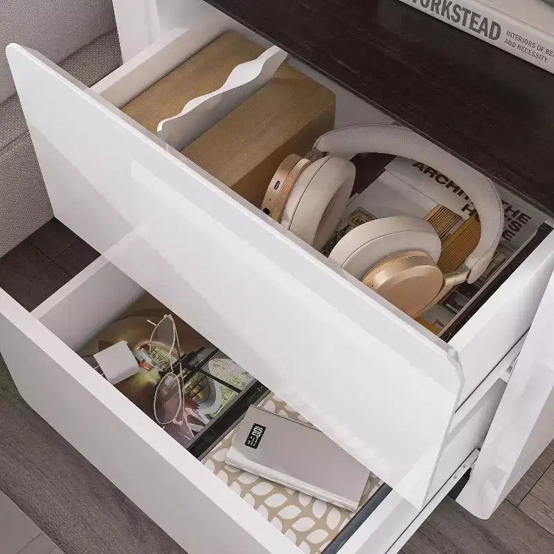 Modern Nightstand with LED Base Light & 2 Drawers - White High Gloss