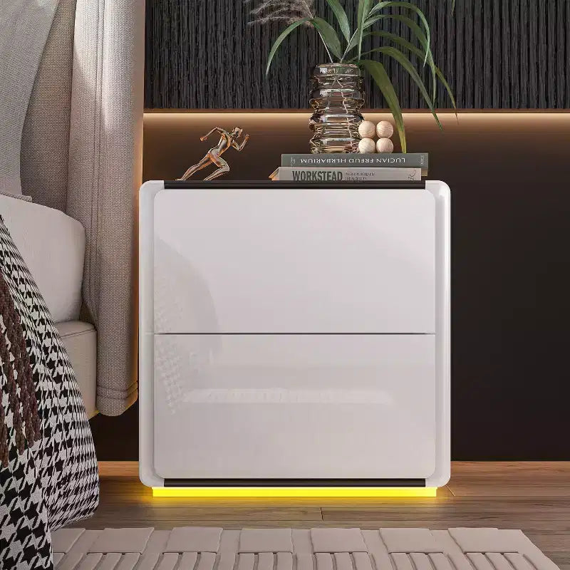 Modern Nightstand with LED Base Light & 2 Drawers - White High Gloss