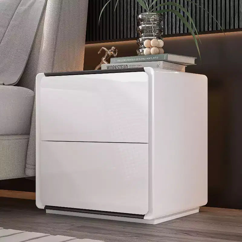 Modern Nightstand with LED Base Light & 2 Drawers - White High Gloss