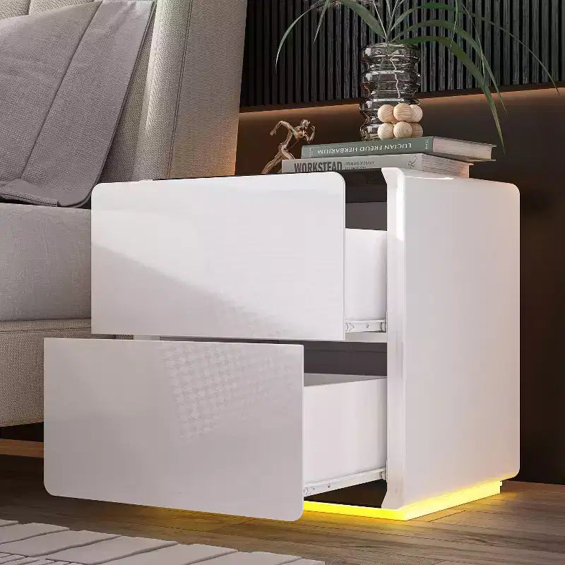 Modern Nightstand with LED Base Light & 2 Drawers - White High Gloss