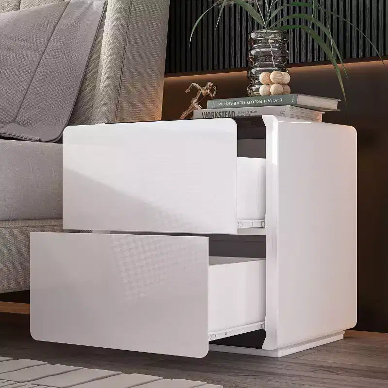 Modern Nightstand with LED Base Light & 2 Drawers - White High Gloss