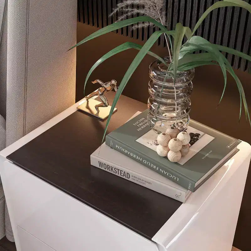 Modern Nightstand with LED Base Light & 2 Drawers - White High Gloss