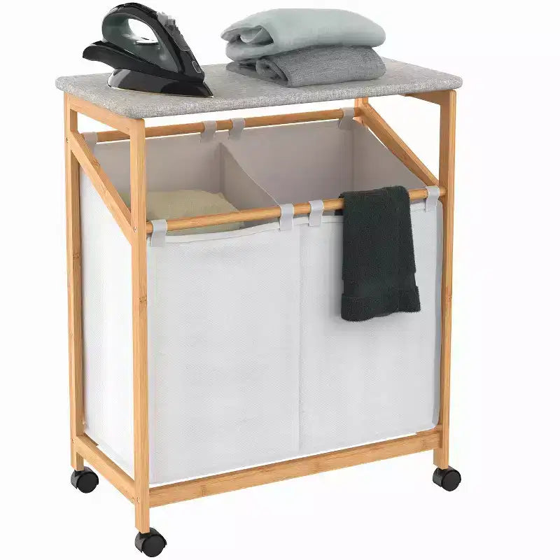 Laundry Storage Cart with 2 Hampers, Divider & Rolling Casters