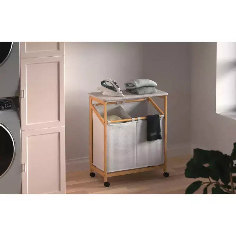 Laundry Storage Cart with 2 Hampers, Divider & Rolling Casters