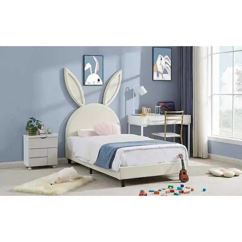 Kids Twin Platform Bed Frame with Velvet Rabbit Ear Headboard