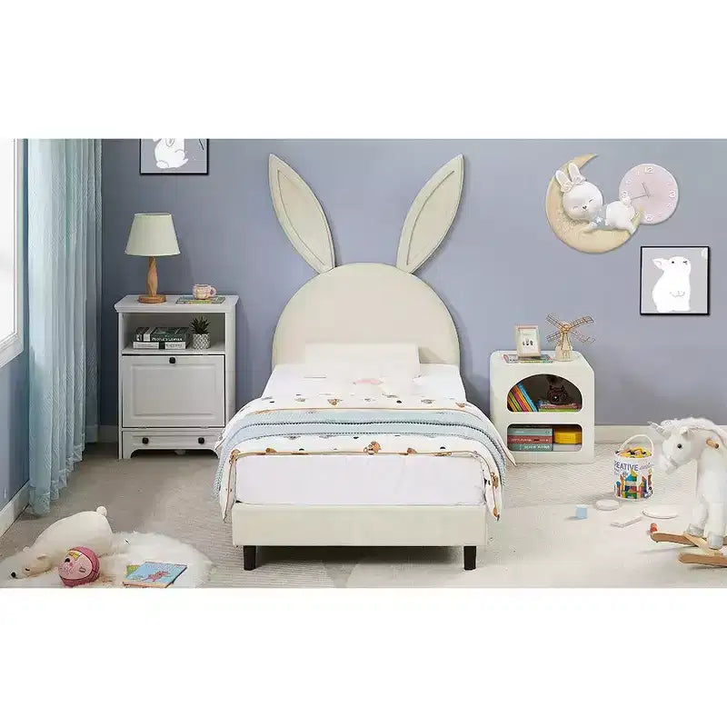 Kids Twin Platform Bed Frame with Velvet Rabbit Ear Headboard