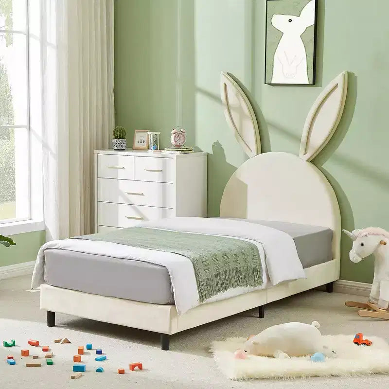 Kids Twin Platform Bed Frame with Velvet Rabbit Ear Headboard