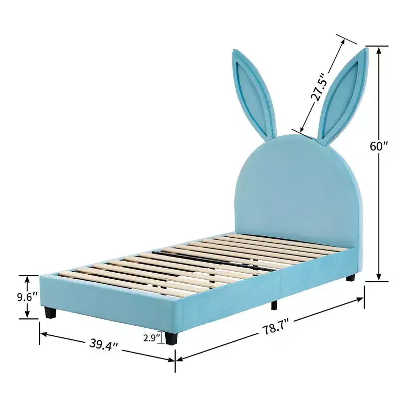 Kids Twin Platform Bed Frame with Velvet Rabbit Ear Headboard