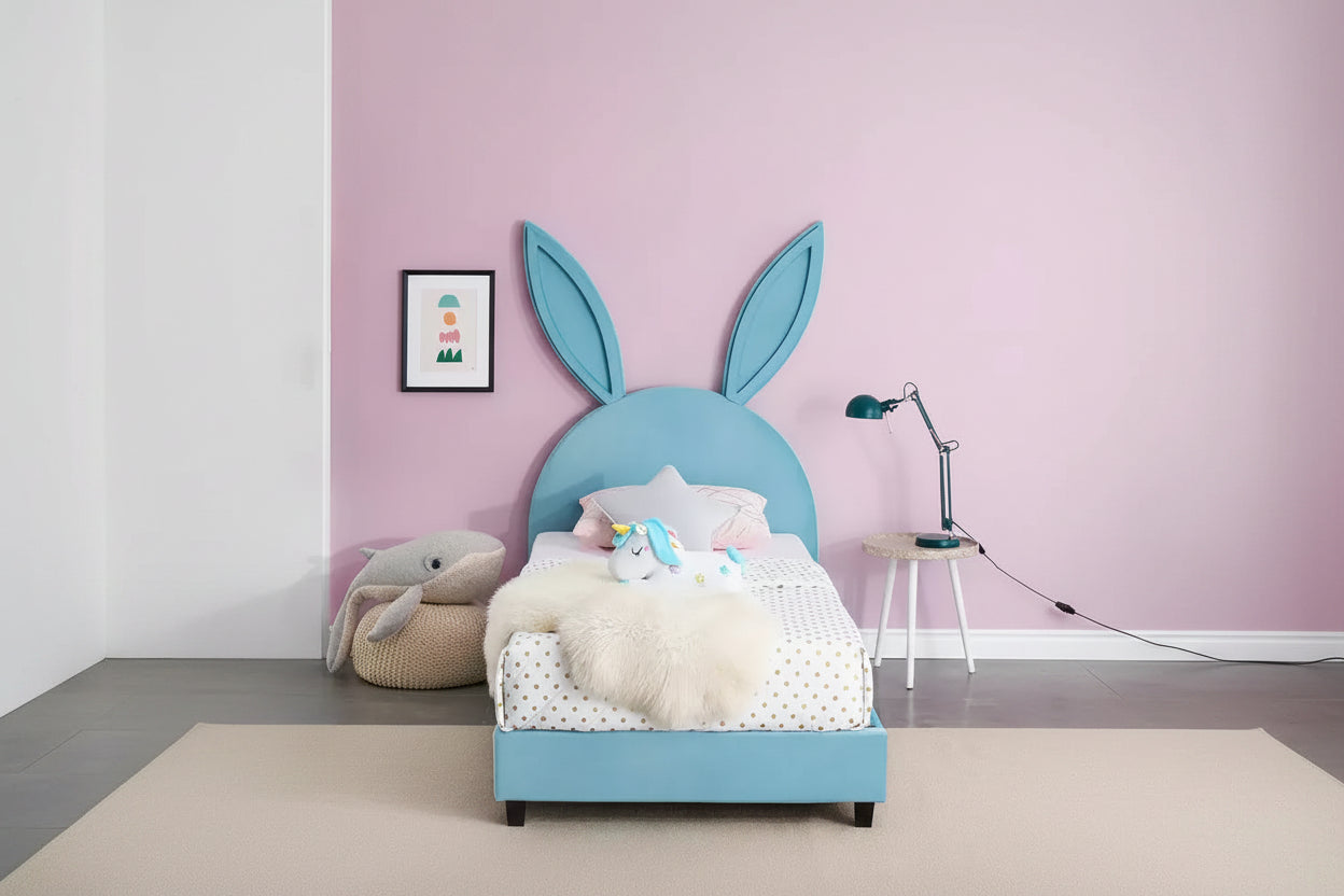 Kids Twin Platform Bed Frame with Velvet Rabbit Ear Headboard
