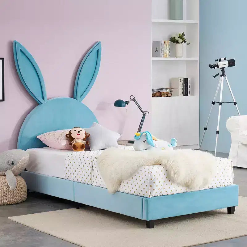 Kids Twin Platform Bed Frame with Velvet Rabbit Ear Headboard