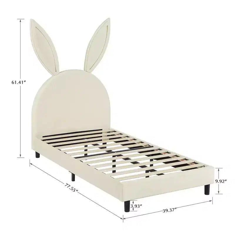 Kids Twin Platform Bed Frame with Velvet Rabbit Ear Headboard