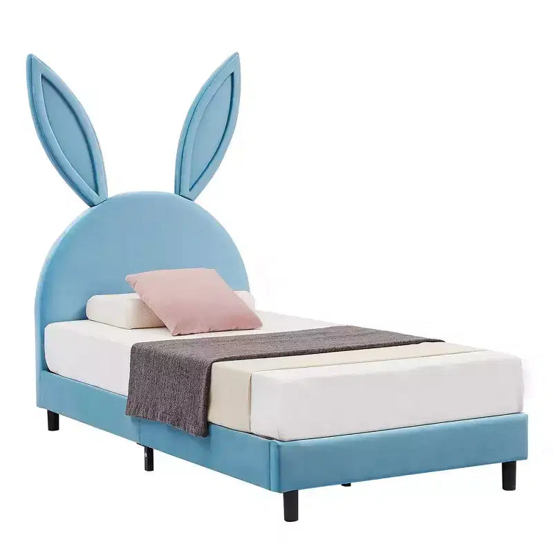 Kids Twin Platform Bed Frame with Velvet Rabbit Ear Headboard