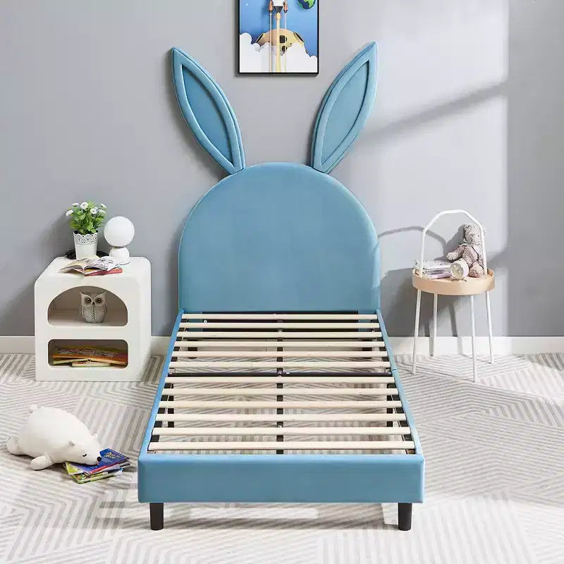 Kids Twin Platform Bed Frame with Velvet Rabbit Ear Headboard