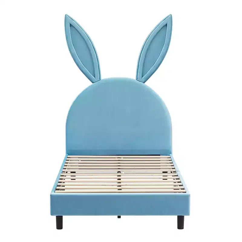 Kids Twin Platform Bed Frame with Velvet Rabbit Ear Headboard