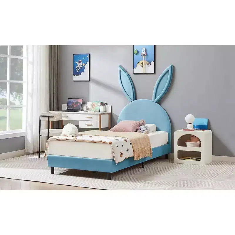 Kids Twin Platform Bed Frame with Velvet Rabbit Ear Headboard
