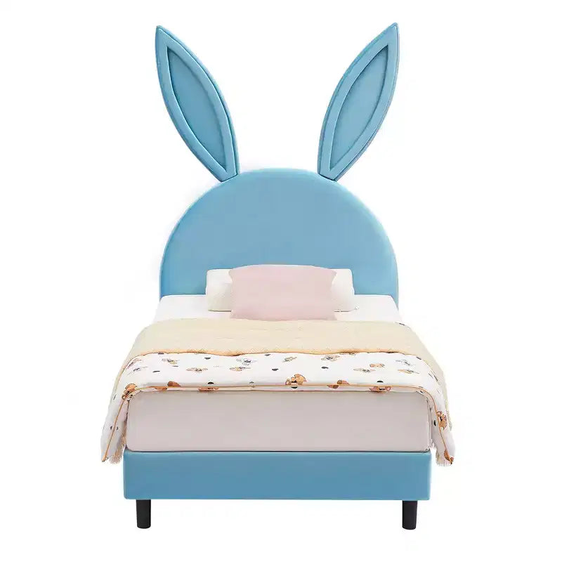 Kids Twin Platform Bed Frame with Velvet Rabbit Ear Headboard