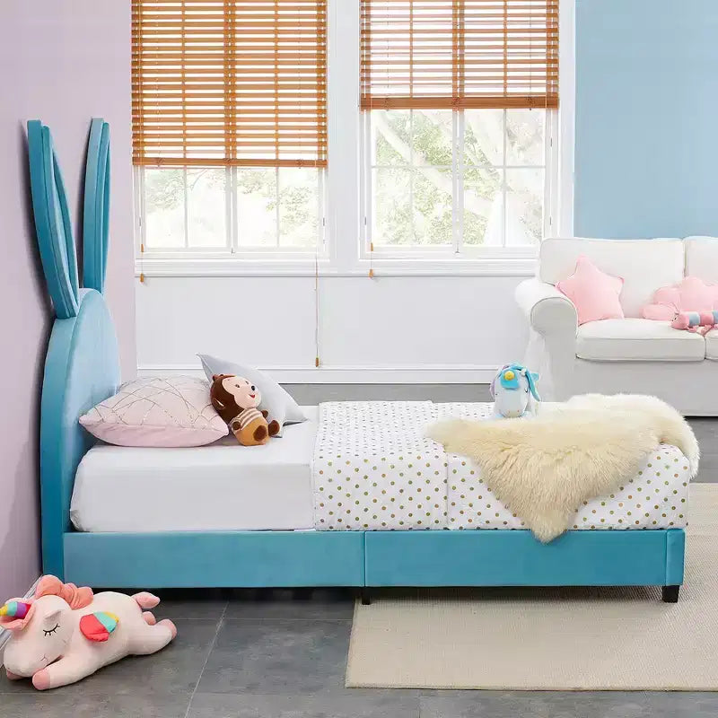 Kids Twin Platform Bed Frame with Velvet Rabbit Ear Headboard