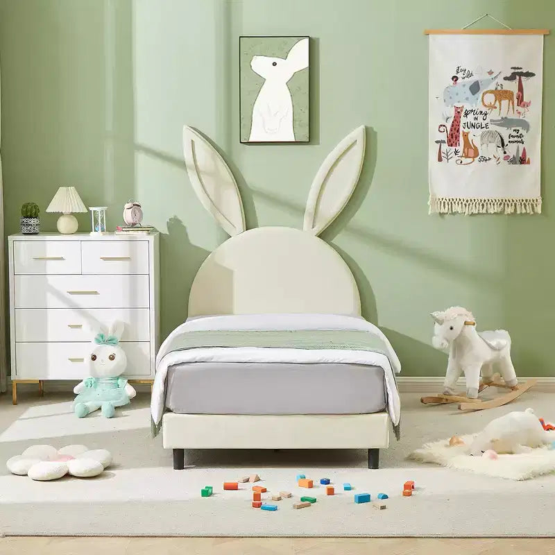 Kids Twin Platform Bed Frame with Velvet Rabbit Ear Headboard