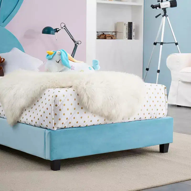 Kids Twin Platform Bed Frame with Velvet Rabbit Ear Headboard
