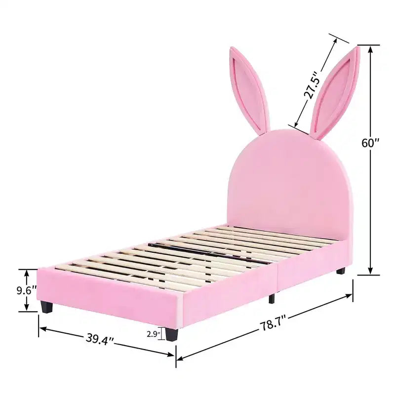 Kids Twin Platform Bed Frame with Velvet Rabbit Ear Headboard