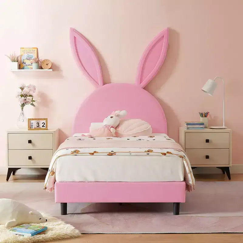 Kids Twin Platform Bed Frame with Velvet Rabbit Ear Headboard