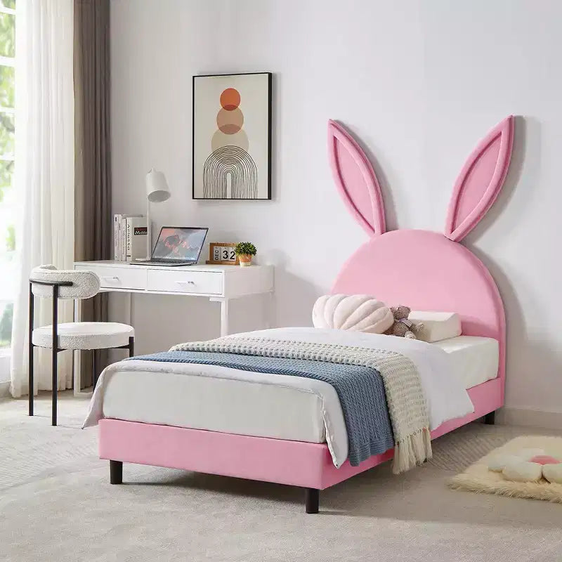 Kids Twin Platform Bed Frame with Velvet Rabbit Ear Headboard