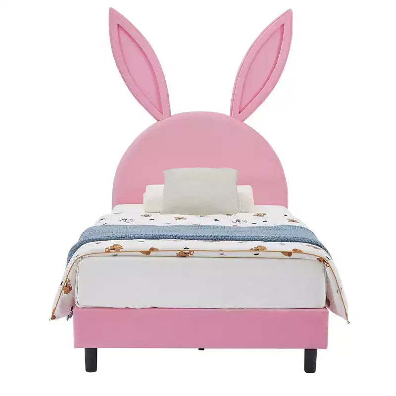 Kids Twin Platform Bed Frame with Velvet Rabbit Ear Headboard