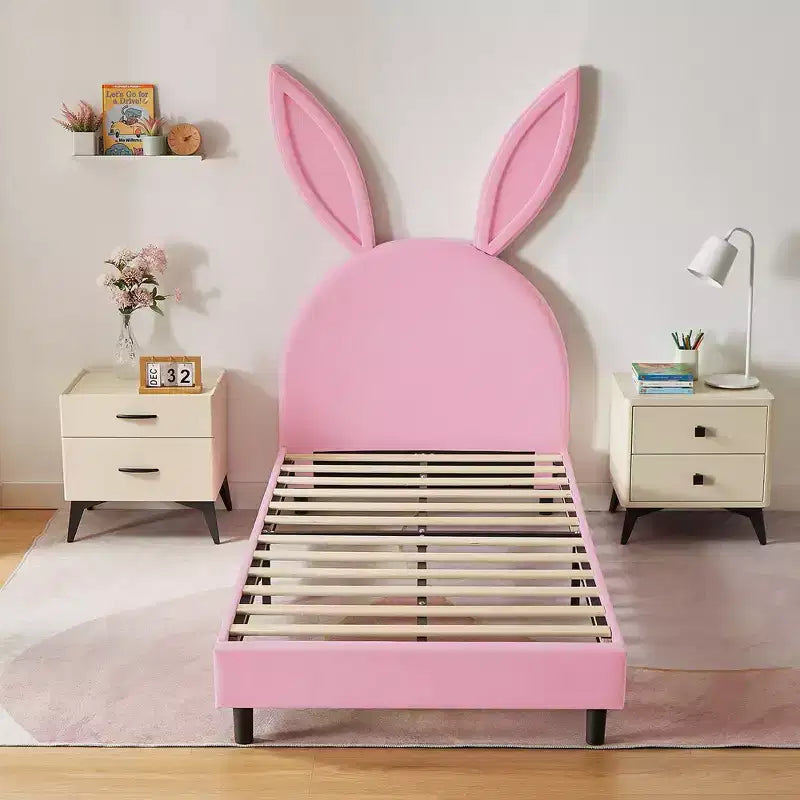 Kids Twin Platform Bed Frame with Velvet Rabbit Ear Headboard