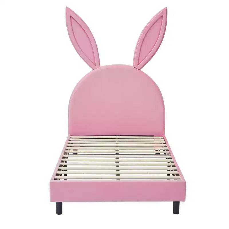 Kids Twin Platform Bed Frame with Velvet Rabbit Ear Headboard