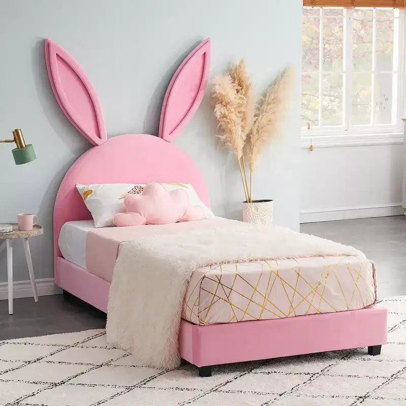 Kids Twin Platform Bed Frame with Velvet Rabbit Ear Headboard
