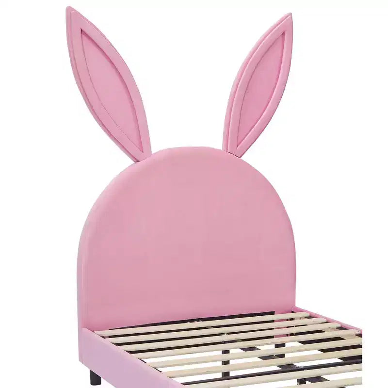 Kids Twin Platform Bed Frame with Velvet Rabbit Ear Headboard