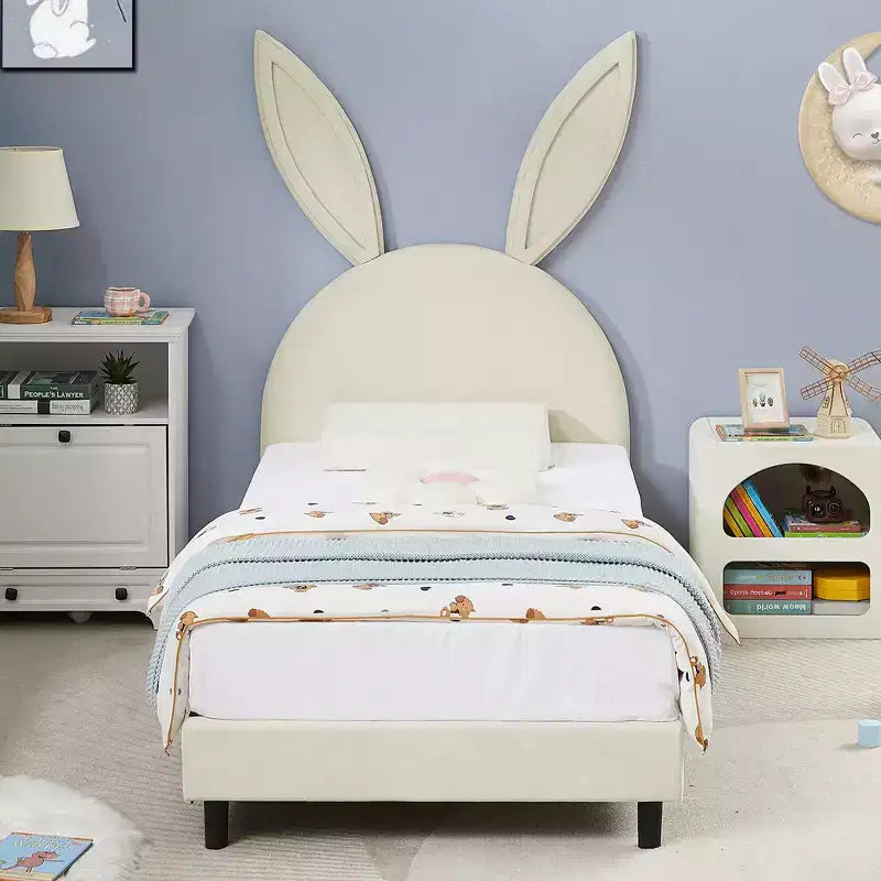 Kids Twin Platform Bed Frame with Velvet Rabbit Ear Headboard