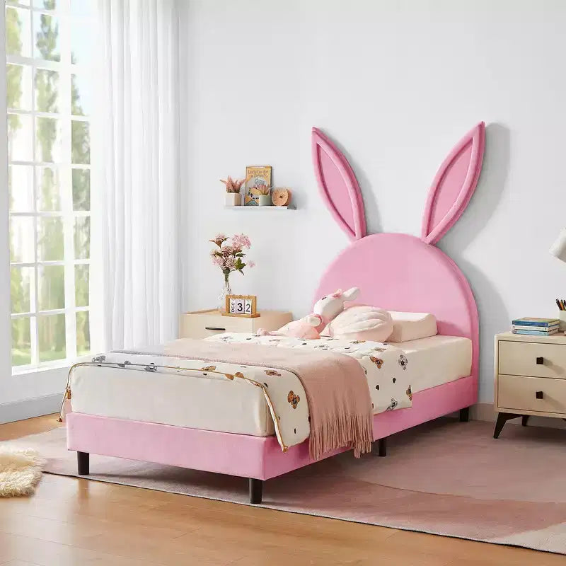 Kids Twin Platform Bed Frame with Velvet Rabbit Ear Headboard