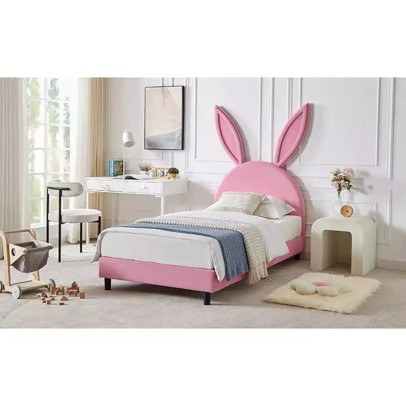 Kids Twin Platform Bed Frame with Velvet Rabbit Ear Headboard