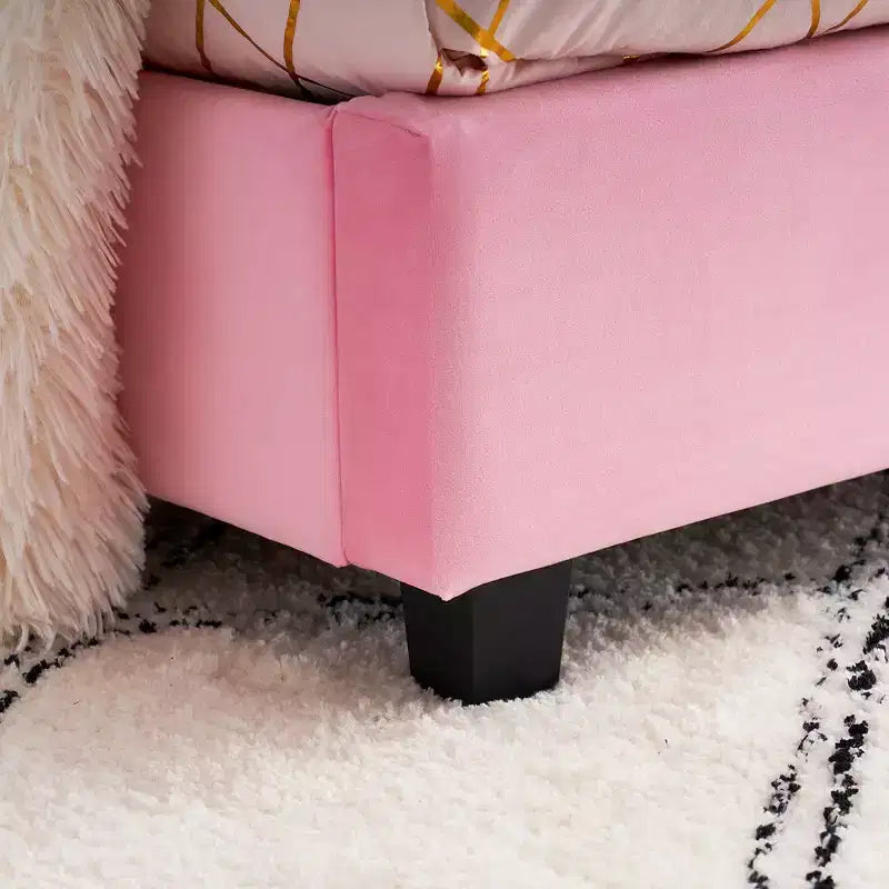 Kids Twin Platform Bed Frame with Velvet Rabbit Ear Headboard