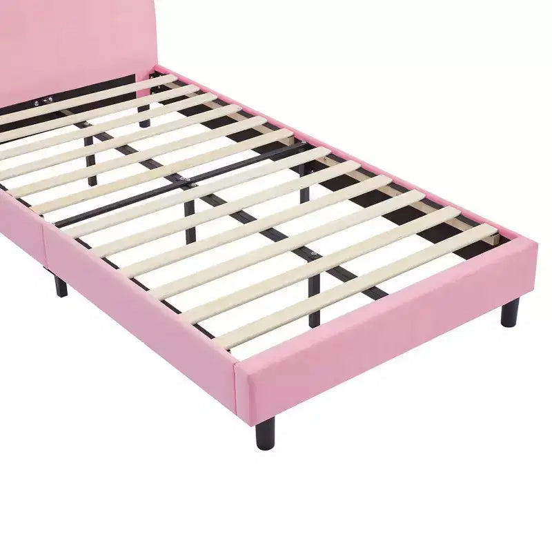 Kids Twin Platform Bed Frame with Velvet Rabbit Ear Headboard