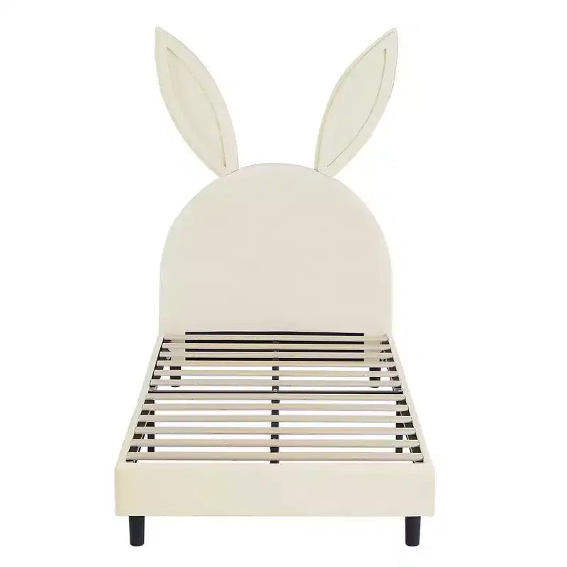 Kids Twin Platform Bed Frame with Velvet Rabbit Ear Headboard