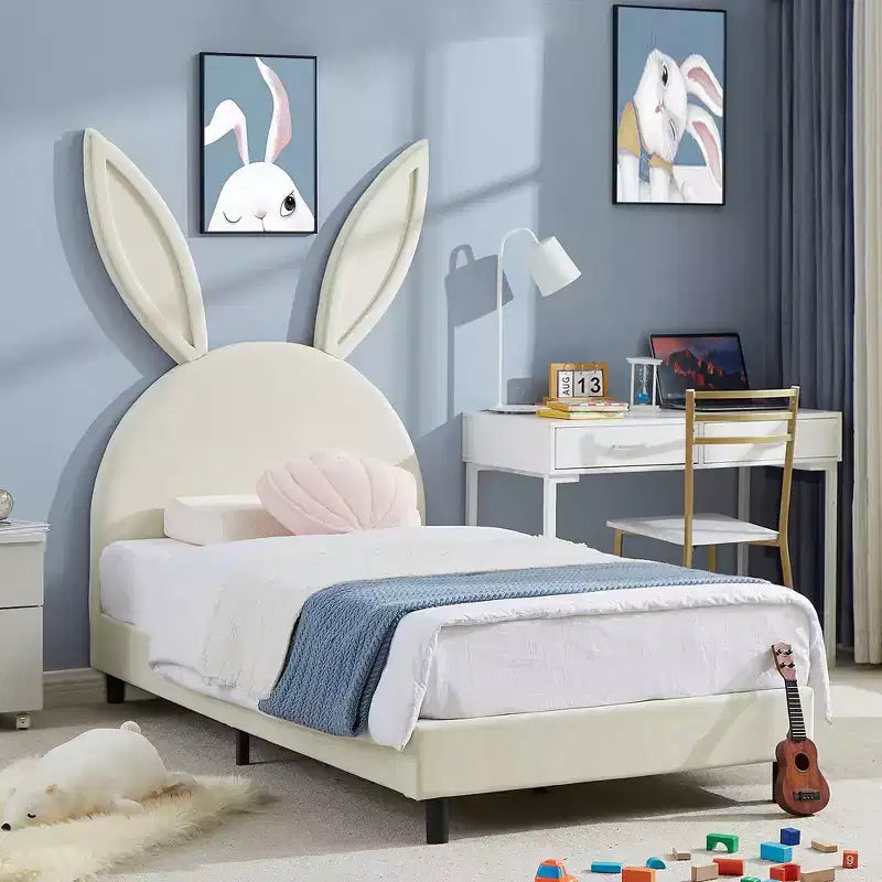 Kids Twin Platform Bed Frame with Velvet Rabbit Ear Headboard