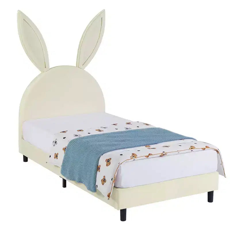 Kids Twin Platform Bed Frame with Velvet Rabbit Ear Headboard