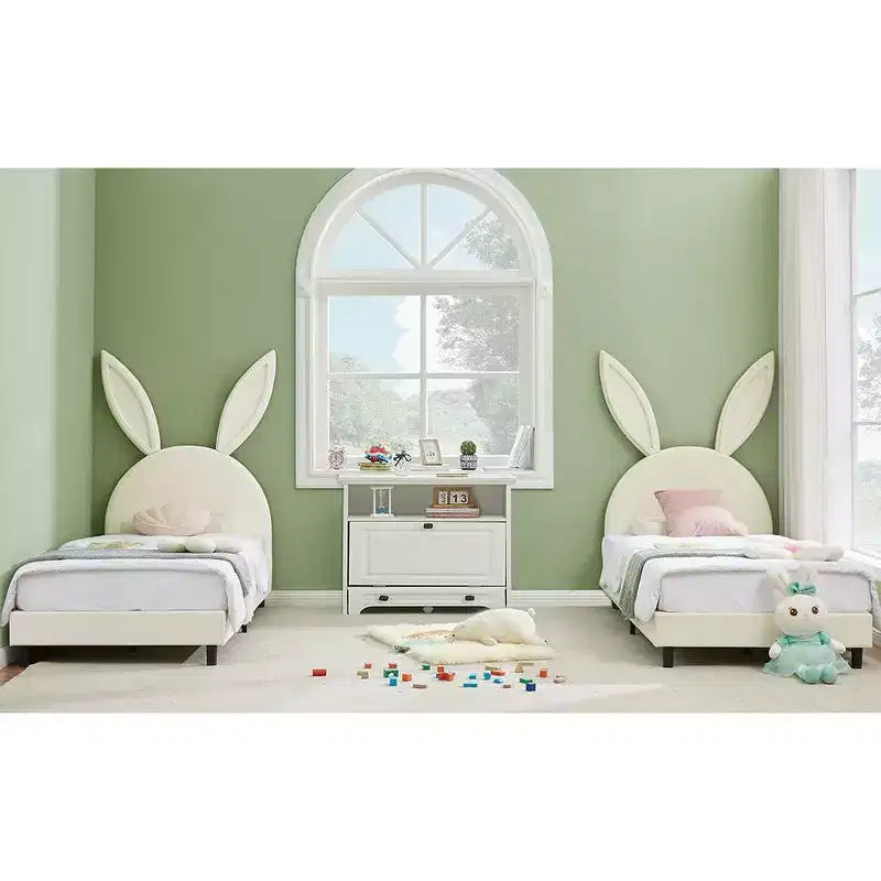 Kids Twin Platform Bed Frame with Velvet Rabbit Ear Headboard