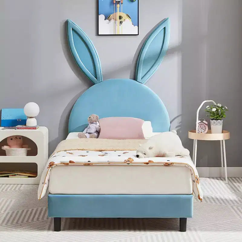 Kids Twin Platform Bed Frame with Velvet Rabbit Ear Headboard