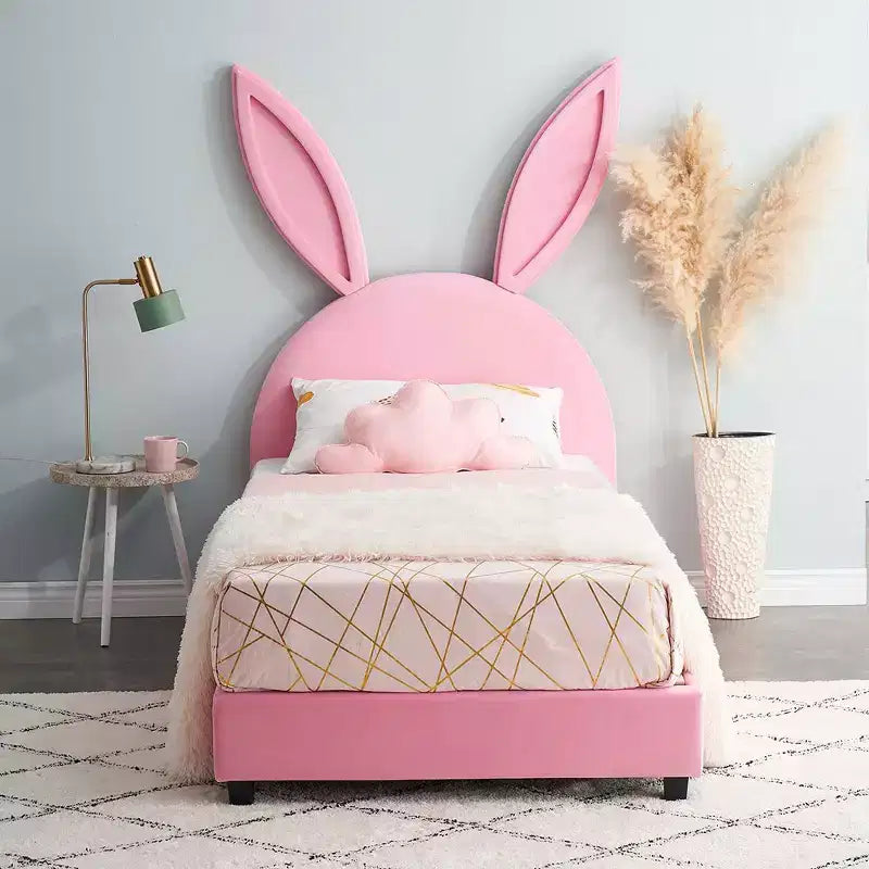 Kids Twin Platform Bed Frame with Velvet Rabbit Ear Headboard