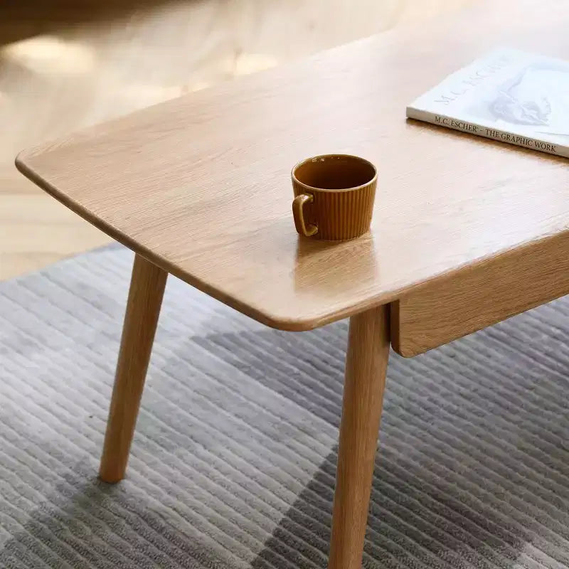 Solid Oak Wood Coffee Table with Open Storage Shelf - Brown
