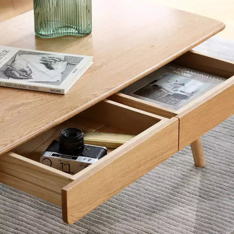 Solid Oak Wood Coffee Table with Open Storage Shelf - Brown