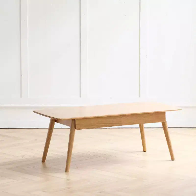 Solid Oak Wood Coffee Table with Open Storage Shelf - Brown