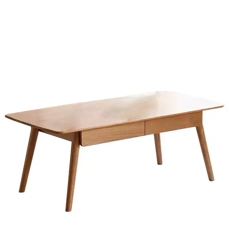 Solid Oak Wood Coffee Table with Open Storage Shelf - Brown