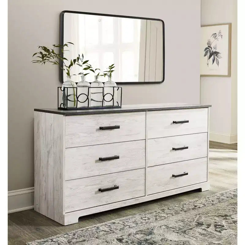 Signature Design by Ashley Shawburn Six Drawer Dresser, Two-Tone Whitewash and Rustic Gray, Modern Farmhouse