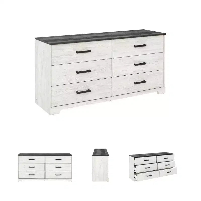 Signature Design by Ashley Shawburn Six Drawer Dresser, Two-Tone Whitewash and Rustic Gray, Modern Farmhouse