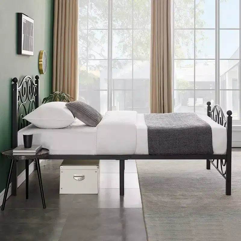 Metal Scroll Bed Frame with Upholstered Headboard & Footboard